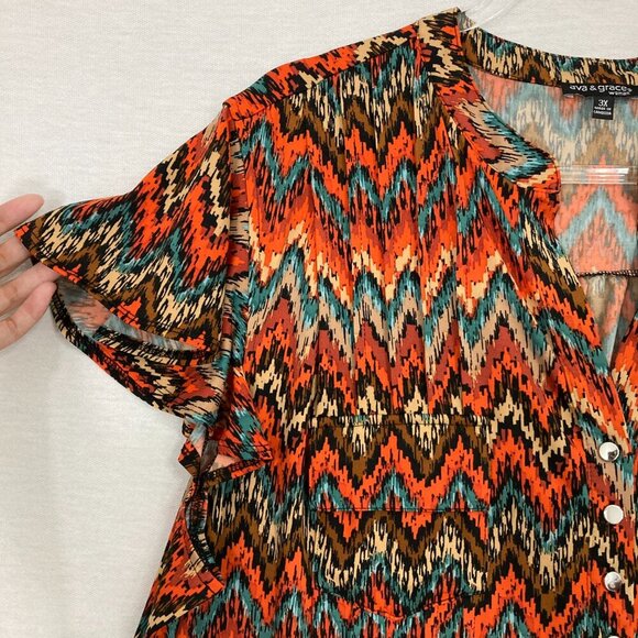 Ava & Grace Red Multi Color Chevron Stretch Short Sleeve Popover Blouse 3X - Picture 3 of 8